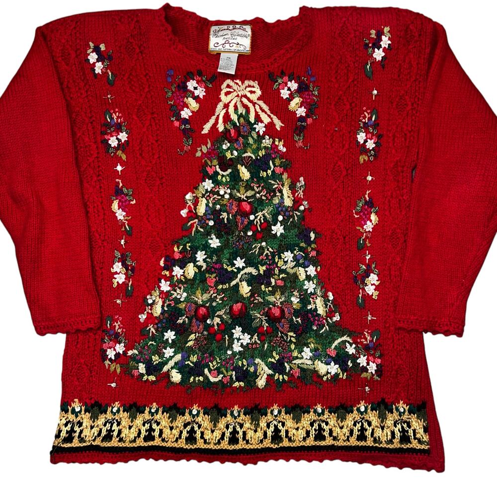 Heirloom Collectibles Christmas Tree bead embroidered women sweater Med petite